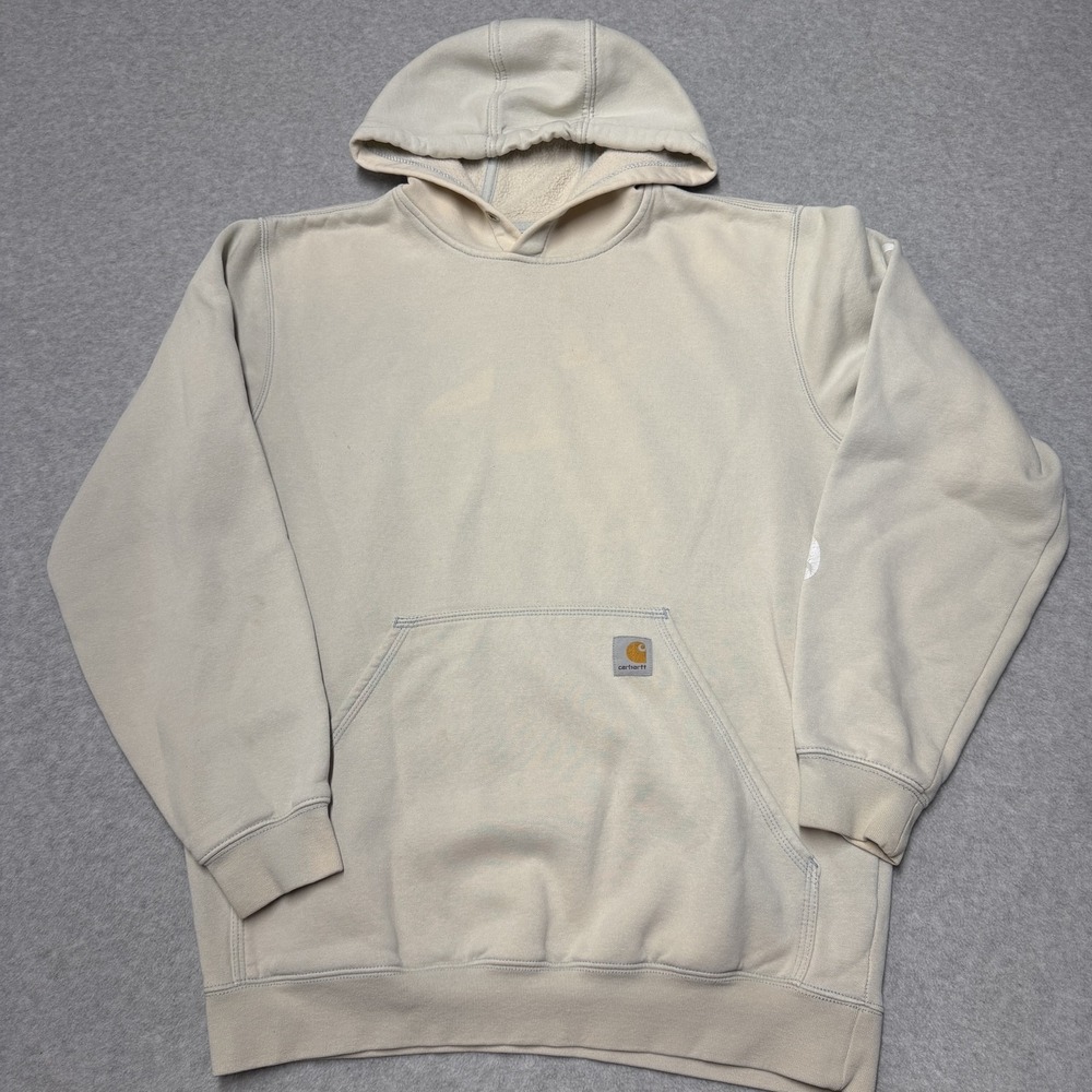Carhartt Hoodie Mens Medium Beige Fleece Lined Pullover Sweatshirt Logo Workwear